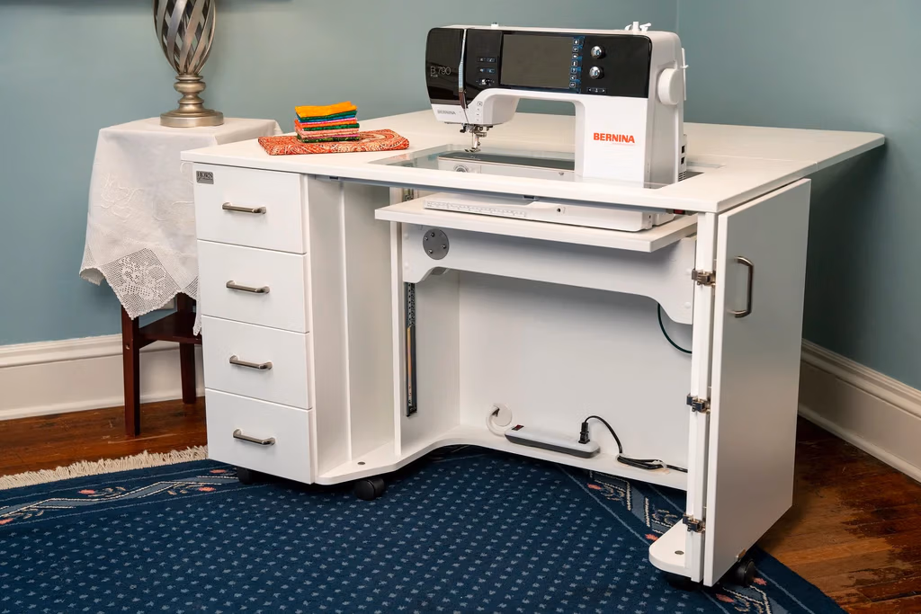 horn 5400 electric lift sewing cabinet with convenient storage for accessories